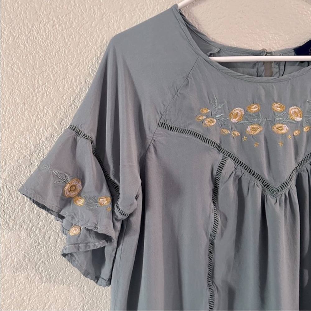 Blue Rain Dusty Blue & Yellow Embroidered Ruffle Mini Dress Size Medium - Picture 3 of 14